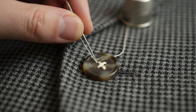 Bespoke tailor sewing genuine mottled horn button onto grey houndstooth wool suit