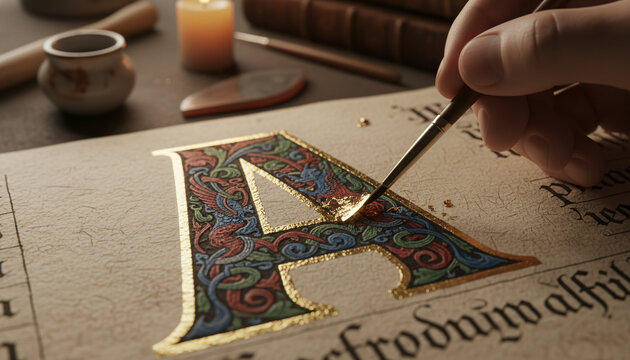 Artisan applying gold leaf to illuminated manuscript letter on vellum parchment