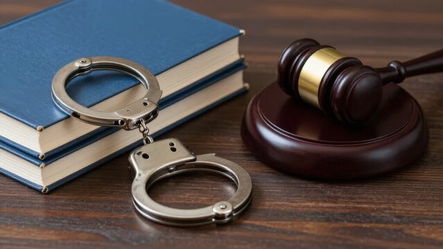 Justice Scene Depicted, Legal Equipment On Wooden Desk, Tense Judicial Setting With Instruments Present, Criminal Law Atmosphere Illustrated With Handcuffs And Justice Tools