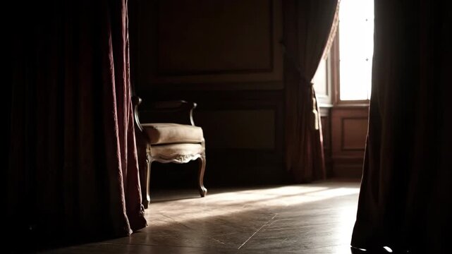 Dark brown curtains slightly opened, creating a narrow light slit