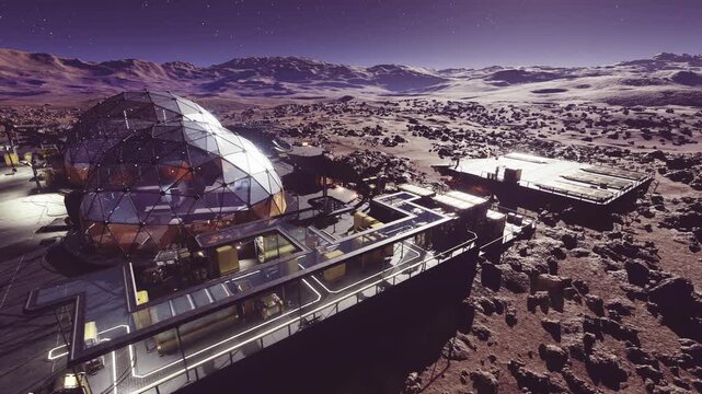 remote base night perimeter with surveillance drones and sweeping spotlights, defensive barriers and command module, radar silhouettes over cratered terrain