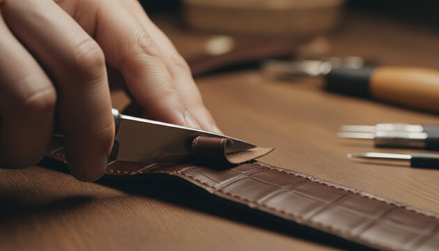 Artisan using steel skiving knife on matte brown alligator leather edge