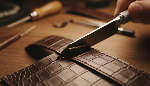 Artisan using steel skiving knife on matte brown alligator leather edge