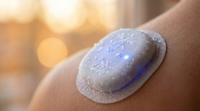Macro of smart bio tracker patch on shoulder covered in delicate frost