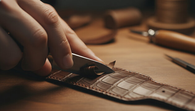 Artisan using steel skiving knife on matte brown alligator leather edge