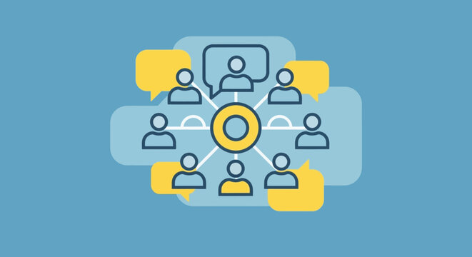 Teamwork communication concept: people connected to central idea, sharing thoughts and ideas