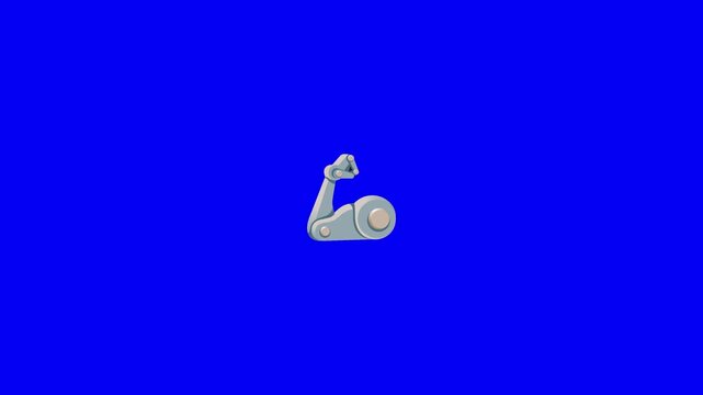 2D cartoon mechanical iron robot flexed bicep emoji, smooth precise robotic flexing motion, arm tenses and releases repeatedly with subtle natural joint movement, solid pure chroma key blue background