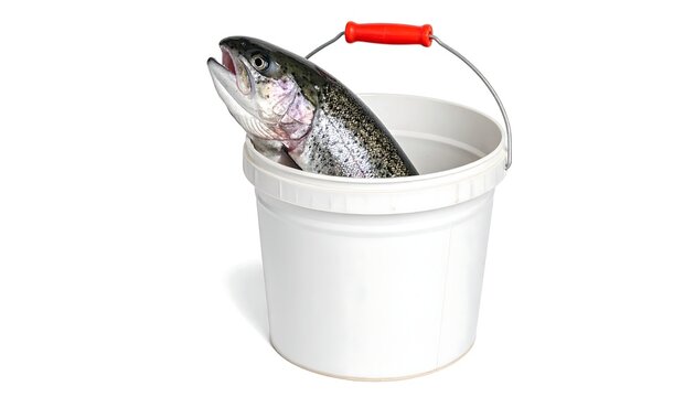 A freshly caught rainbow trout peers out of a white plastic bucket with a red-handled metal bail against a pure white background