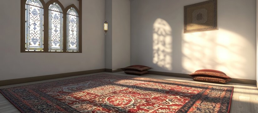 Sunny prayer room with ornate windows and rug