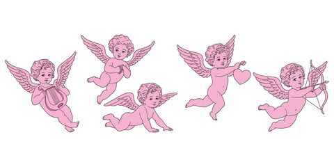 Obraz premium Pink Cherubs with Wings Holding Lyre Heart Bow and Arrow Keywords: cherub, angel, cupid, love, heart, wings, pink, baby, flying