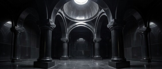 Fototapeta premium A dramatic interior view of an Armenian church with dark stone columns, arched ceilings, and a central dome illuminated by natural light from above.