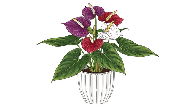 Potted Anthurium Vector Illustration - Colorful Exotic Houseplant in Ceramic Pot
