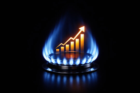 Blue gas stove flame with glowing upward chart, symbolizing rising energy costs, inflation, and increasing utility prices in a dramatic dark setting.