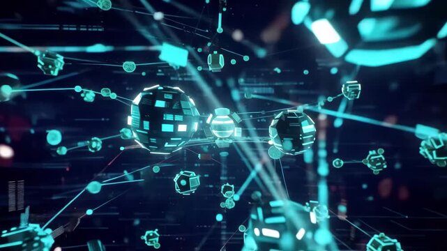 Futuristic artificial intelligence environment with floating data nodes and glowing neural connections in 3d space