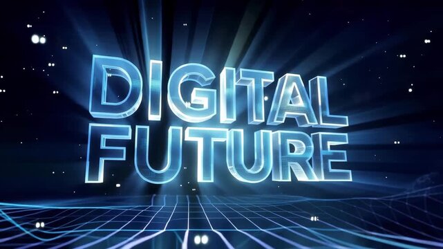 Futuristic digital typography animation showcasing digital future in a dark cyber environment with glowing holograms and data particles