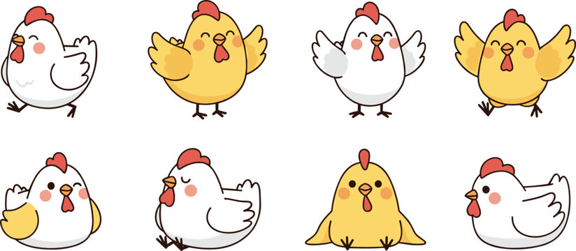 Cute cartoon chicken set kawaii farm animals collection funny hen chick characters hand drawn vector illustration