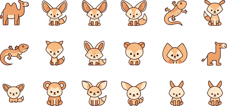 Cute desert animals icons set camel fennec fox lizard bunny bear kawaii cartoon characters vector illustration collection