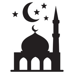 A beautiful night scene of a mosque inspired by the Taj Mahal with domes and minarets in a silhouette architectural style © etccraft