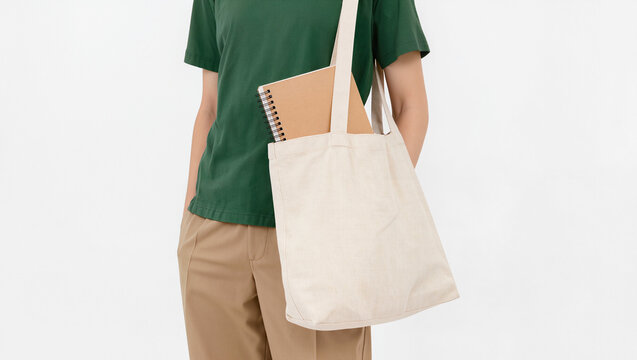 Casual Person with Beige Tote Bag and Notebook Stands on White Background