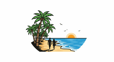 Obraz premium Couple walking on tropical beach at sunset with palm trees and ocean