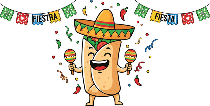 Cute burrito fiesta cartoon character wearing sombrero with maracas confetti and Mexican party decorations isolated on white background