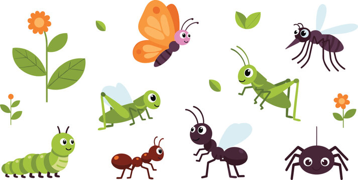 Cute garden insects set butterfly ant grasshopper caterpillar mosquito spider cartoon bugs vector illustration collection
