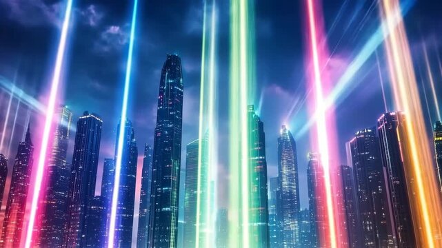 Futuristic city skyline features glowing skyscrapers with colorful lights at night creating a vibrant urban atmosphere
