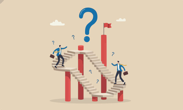 Business, pillars, and impossible concept, ambitious businessman walk up stair while in paradox he walking down