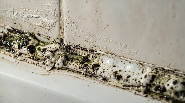 Silicona infestada por hongo verdoso en ba&ntilde;o con humedad severa