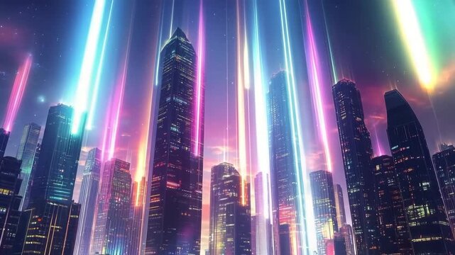 Futuristic city skyline features glowing skyscrapers with colorful lights at night creating a vibrant urban atmosphere