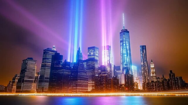Futuristic city skyline features glowing skyscrapers with colorful lights at night creating a vibrant urban atmosphere