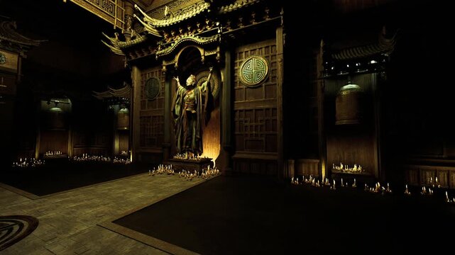 moody votive altar framed by towering statue, heavy shadows pool under carved archways, flickering candles cast dramatic silhouettes and somber hush