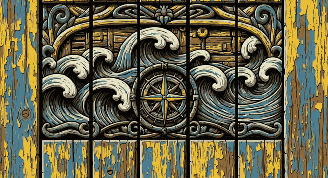 Distressed wood texture framing a detailed nautical compass and wave relief