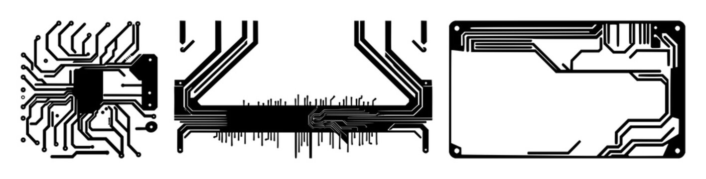 Circuit board set with black silhouette on white background featuring electronic components, traces, circuitry design with technology and engineering