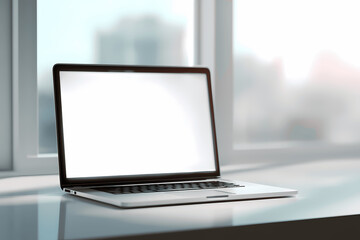Fototapeta premium Laptop with Blank Screen on Bright Desk Setup