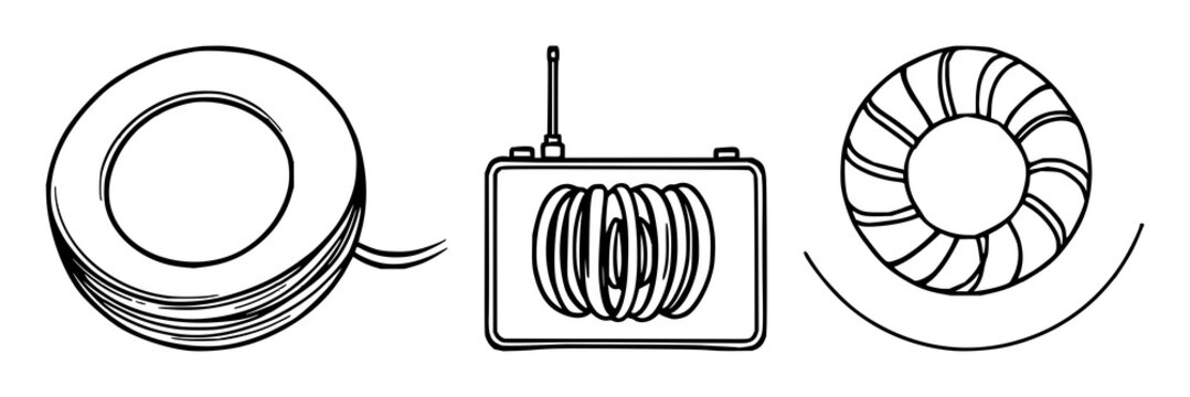 Radio transmitter coil set with black line art on white background featuring transmitter, antenna, electronics with vector and illustration