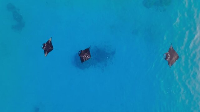 Aerial view of manta rays gliding through the turquoise waters, creating a beautiful contrast of dark shapes against the bright sea, Vashafaru, Maldives.