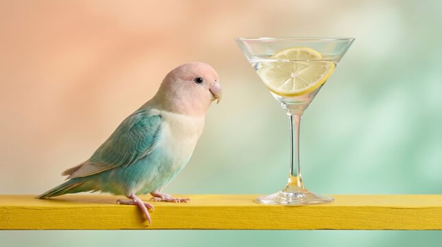 A Bird's Tropical Elixir: A vibrant parrot perches on a sunny ledge, its gaze fixed upon a refreshing drink with a slice of lemon, evoking a sense of tropical delight.
