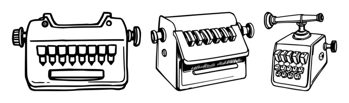 Telegraph key set with black line art design featuring vintage telegraph key, line illustration, monochrome with electronics and communication tools