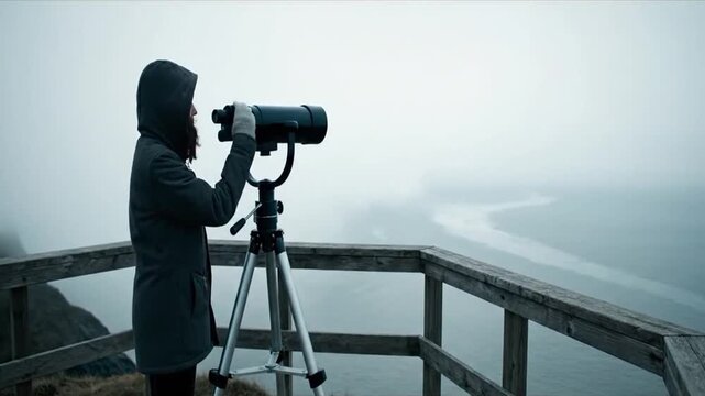 A woman in a hooded parka peers through a telescope on a foggy balcony. She adjusts the lens, then steps back to gaze at the vast, misty horizon on a cold, overcast day.