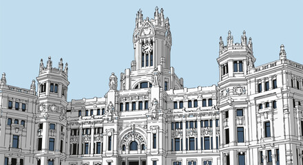 Naklejka premium Ornate white building with a central clock tower and multiple spires, sky blue background