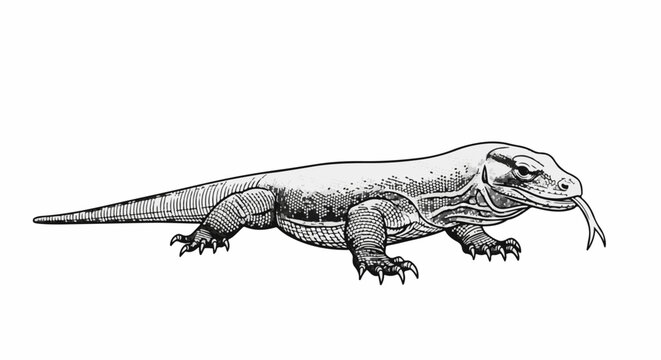 Detailed black and white illustration of a Komodo dragon with its tongue flicking