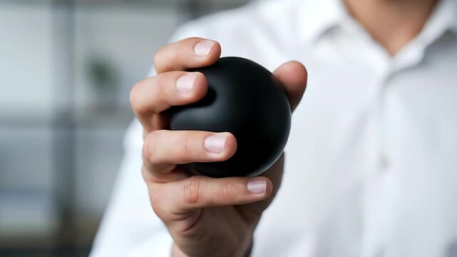 Hand holding a black sphere object in neutral studio lighting.