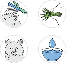 Fototapeta premium Cute cartoon animals including cats and dogs in various activities like grooming and eating grass set against transparent background.