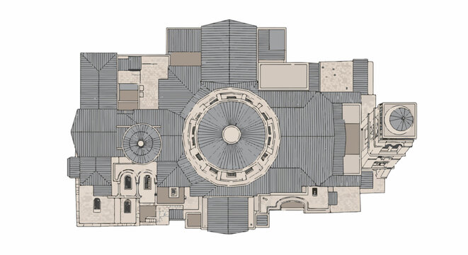 Top-down view of a large, complex building with multiple domes and angled roofs