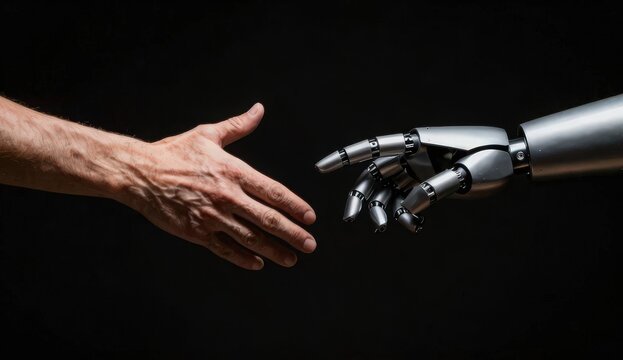 Split image showing a human hand on one side and a robotic hand on the other, representing artificial intelligence replacing human work.