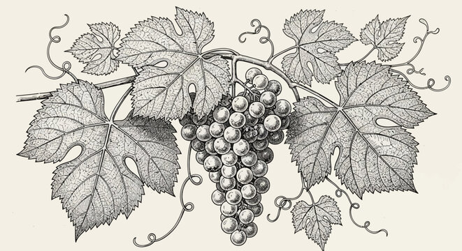 Vintage Grapevine Illustration: Bunch of Grapes with Leaves and Tendrils