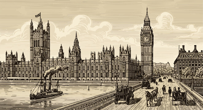 Vintage engraving of a historic city skyline with a clock tower and riverboat
