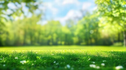Naklejka premium A vibrant close-up of lush green grass with trees and a bright blue sky blurred in the background, evoking a fresh and peaceful outdoor environment.
