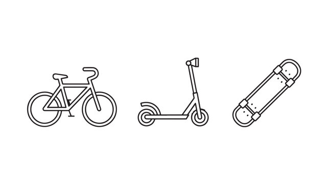 Transportation Icons Set Bicycle Scooter Skateboard Outline for Urban Mobility, Commuting and Active Lifestyle Concepts